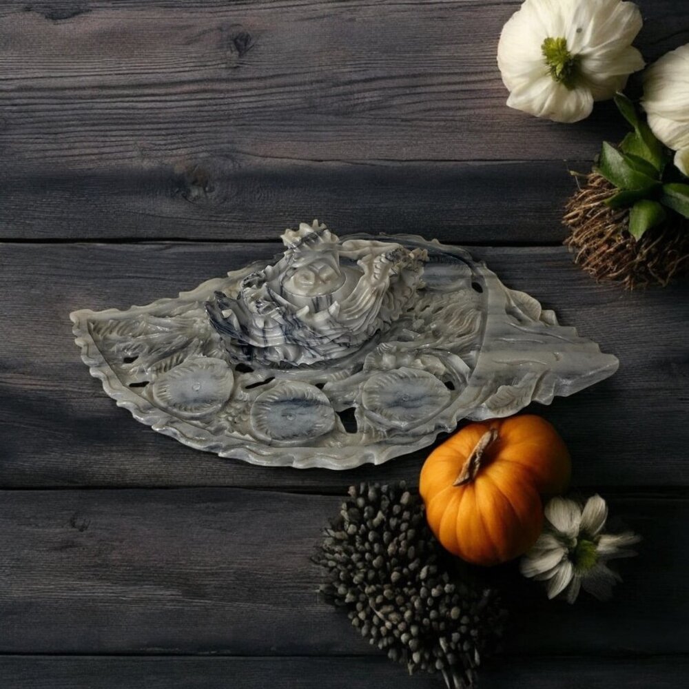 Hand-Carved Marble Decorative Dish Dragon‎ Lotus Design Oyster Plate Candle Tray